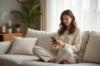 Femme utilisant une application bien-être sur son canapé dans un intérieur cosy et apaisant