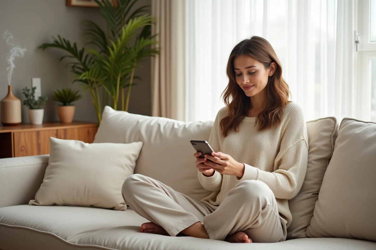 Femme utilisant une application bien-être sur son canapé dans un intérieur cosy et apaisant