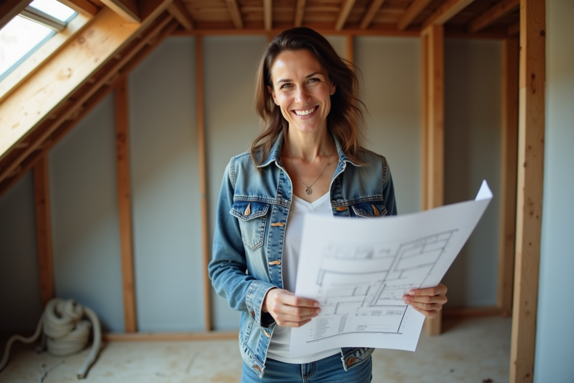 Femme en tenue décontractée tenant plans dans un grenier en rénovation