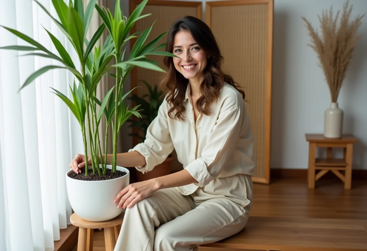 Femme souriante arrangeant un bambou dans un intérieur moderne