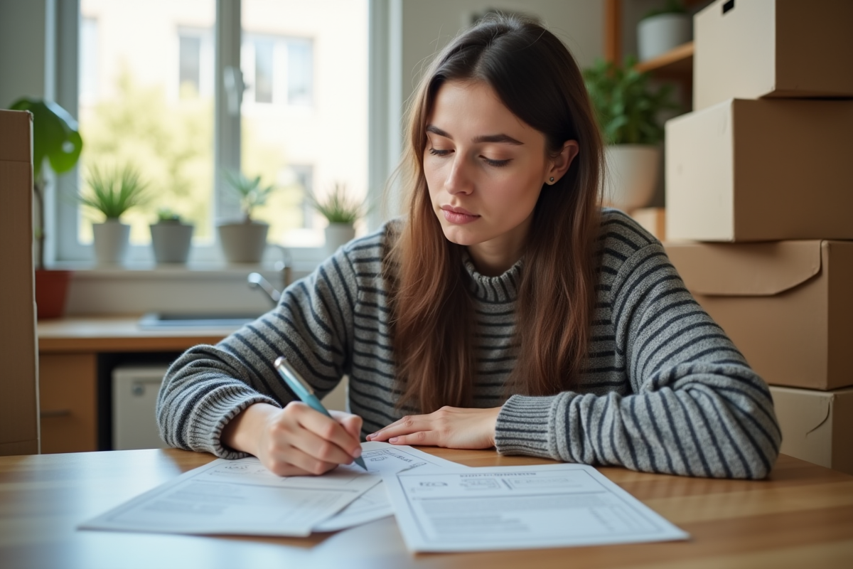Jeune femme remplissant un formulaire de changement d'adresse à la maison