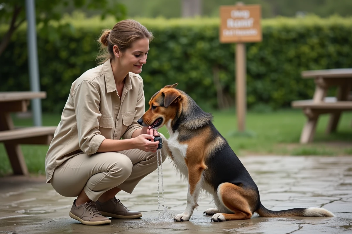 Femme nettoyant les pattes de son chien à une fontaine de camping pour respecter les règles sanitaires