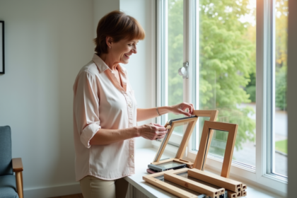 Femme compare echantillons de cadres de fenetre dans un salon lumineux