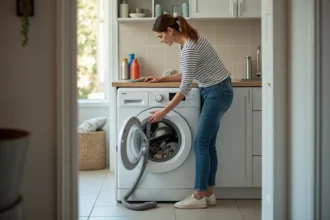 Femme connectant un tuyau de drainage à un lave-linge dans un coin buanderie moderne