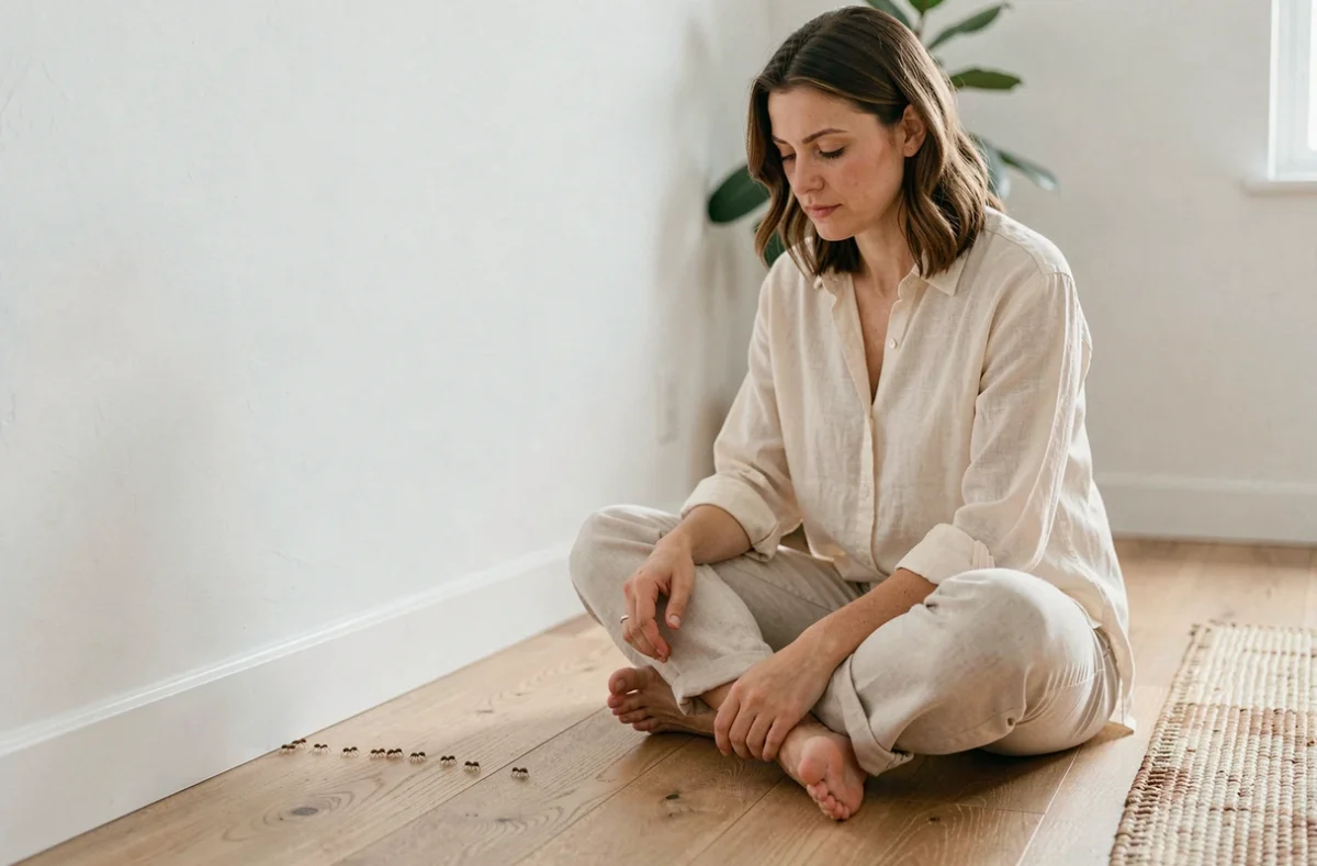 Femme contemplative observant une colonne de fourmis dans son salon, évoquant la loi d'attraction et la signification spirituelle des fourmis dans la maison