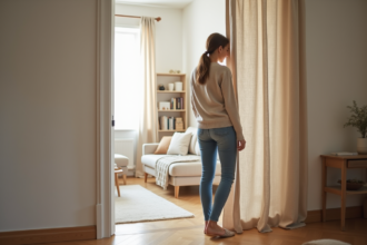 Femme tirant doucement un rideau en lin pour révéler une porte secrète