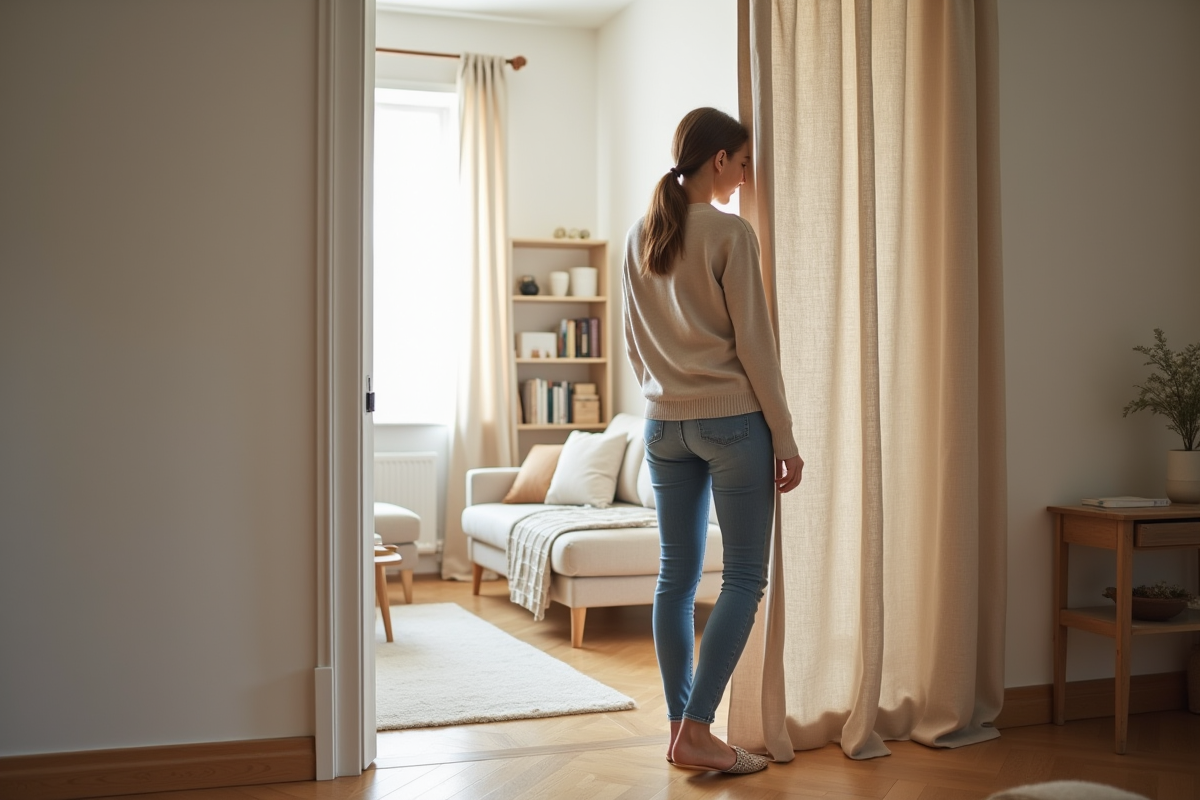Femme tirant doucement un rideau en lin pour révéler une porte secrète