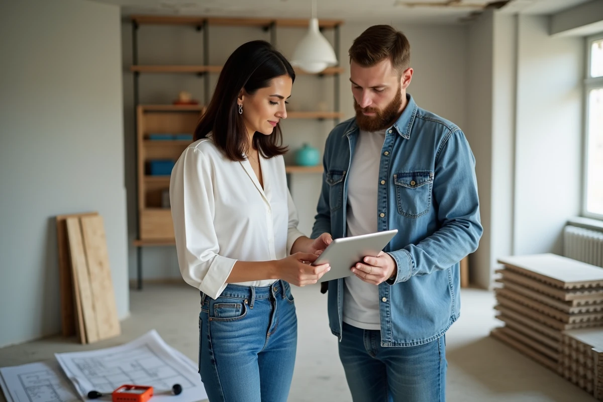 Femme et entrepreneur discutant plans de renovation