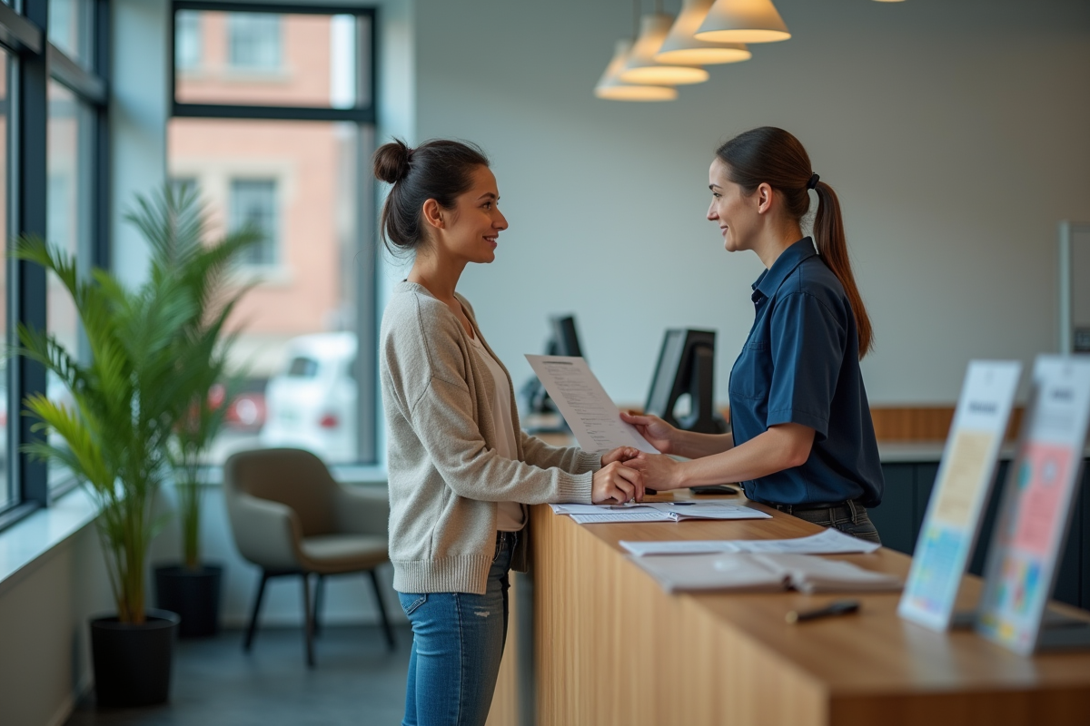 Femme remettant des documents à un agent au bureau