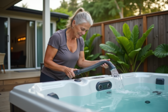 Femme en tenue active vidant un spa extérieur dans un jardin