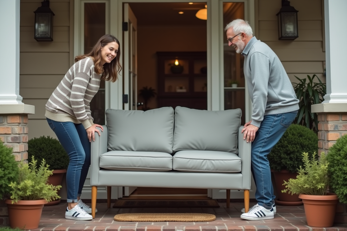 Jeune femme et homme âgé poussant un canapé devant une maison