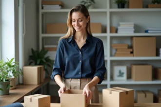 Femme en blouse navy emballant des produits dans un bureau organisé