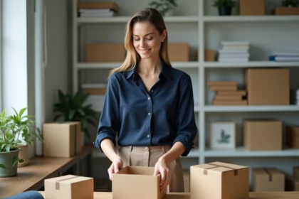 Femme en blouse navy emballant des produits dans un bureau organisé