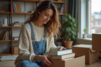 Femme dans son salon emballant des livres pour un déménagement