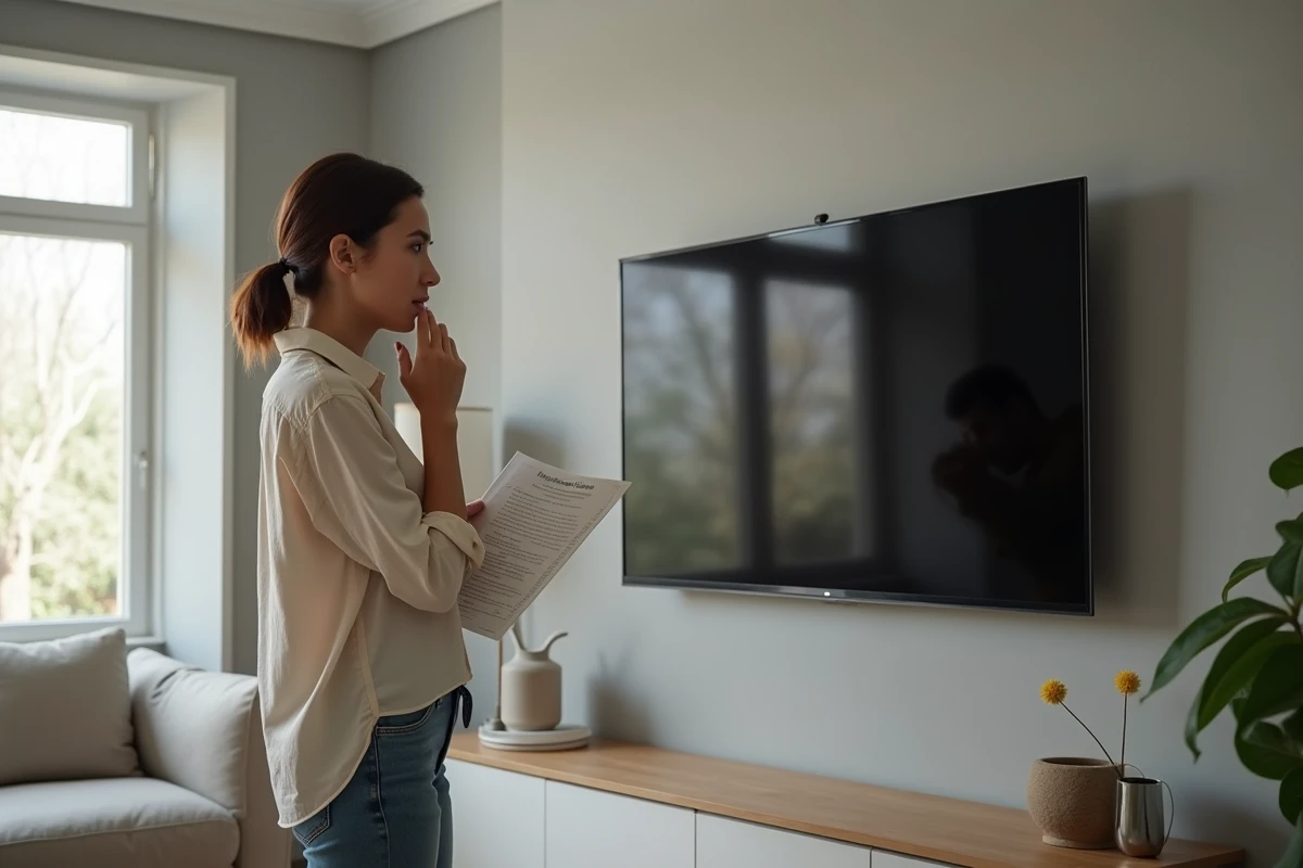 Femme évaluant un téléviseur monté sur support fixe dans un salon avec cloison en placo peinte