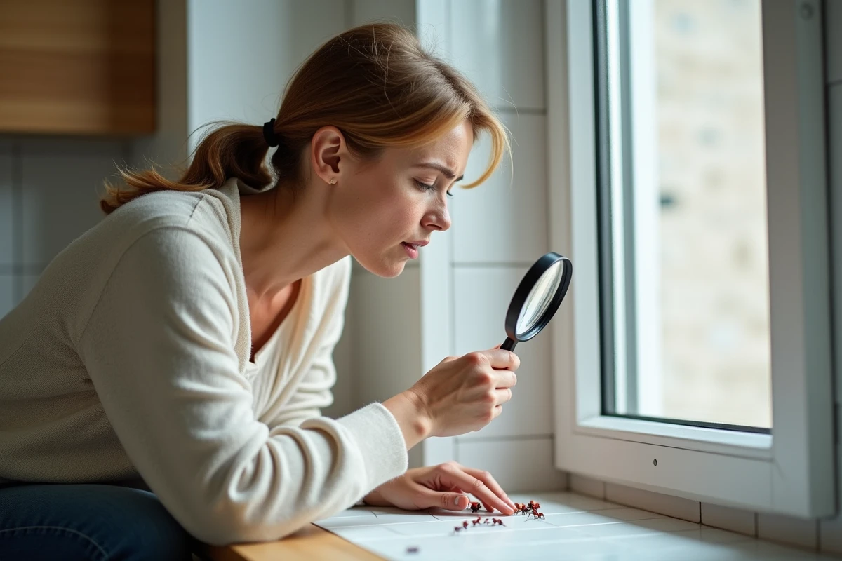 Une femme adulte examine de petits insectes rouges sur son rebord de fenêtre avec une loupe dans un appartement moderne