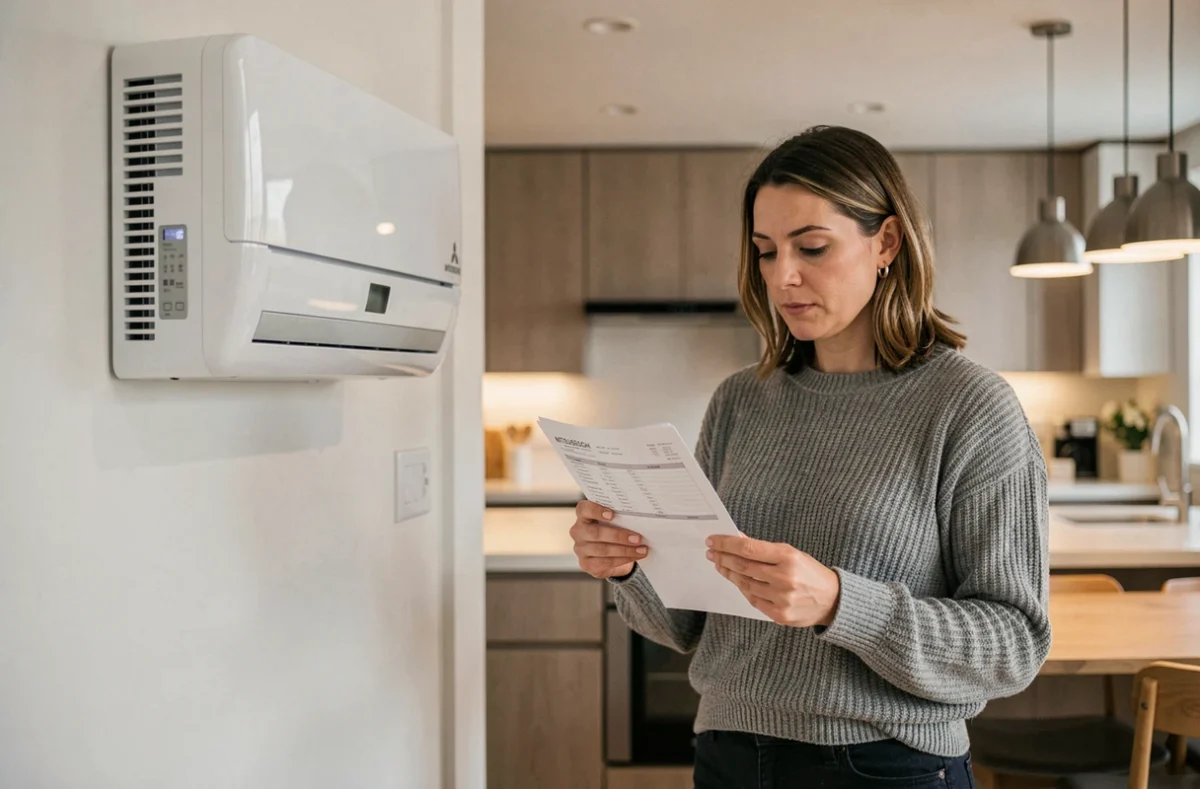 Femme consultant une facture d'installation de pompe à chaleur air-air Mitsubishi multisplit dans une cuisine ouverte moderne