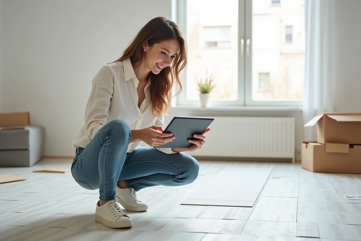 Jeune femme posant des tuiles en vinyle dans son salon