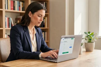 Femme professionnelle remplissant un formulaire de devis en ligne sur un portail web depuis son bureau à domicile
