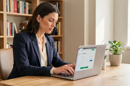 Femme professionnelle remplissant un formulaire de devis en ligne sur un portail web depuis son bureau à domicile