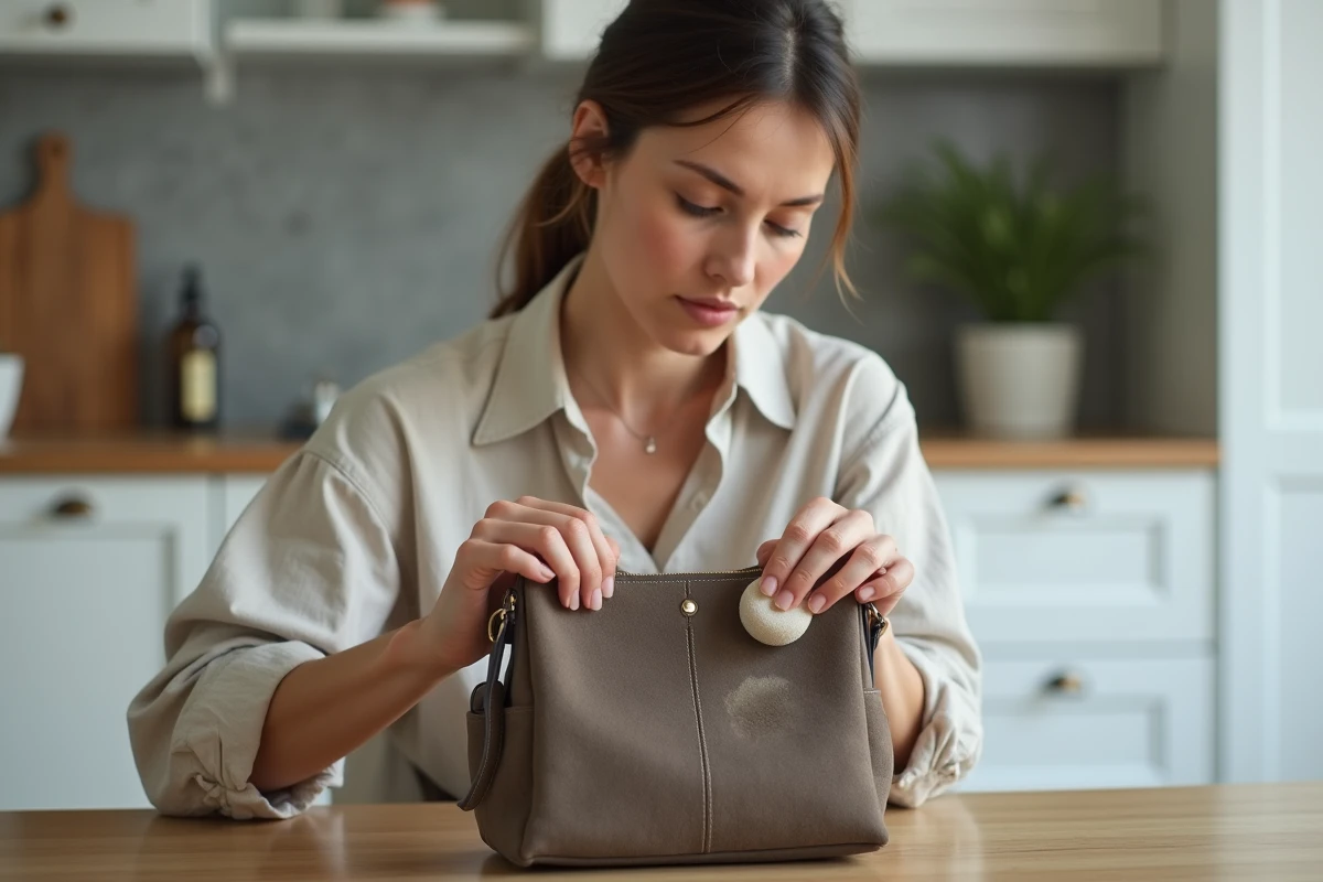 Femme nettoyant un sac à main en daim taupe avec une gomme à nubuck, éliminant une tache grasse à la maison