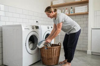 Femme chargeant une machine à laver top à la hauteur standard dans une buanderie moderne, illustrant l'ergonomie au quotidien