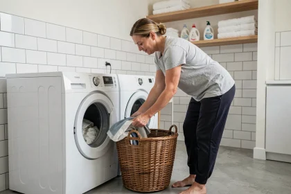 Femme chargeant une machine à laver top à la hauteur standard dans une buanderie moderne, illustrant l'ergonomie au quotidien