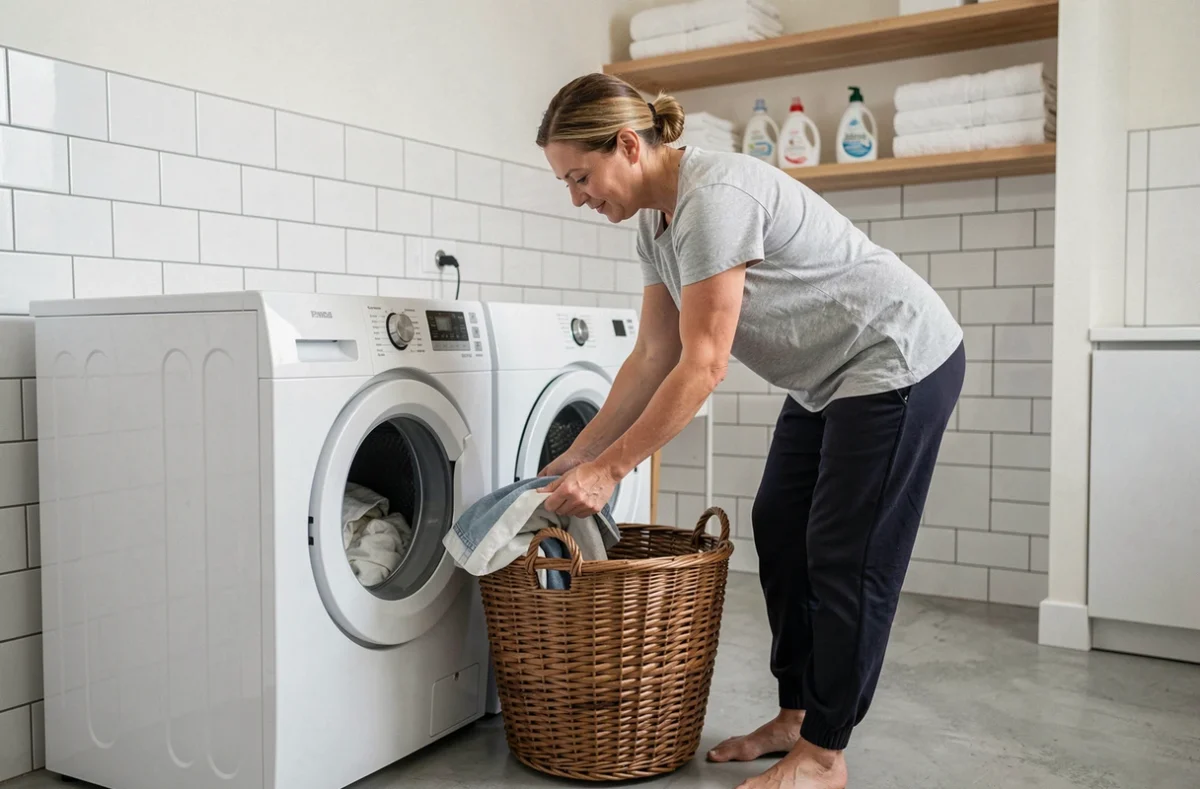 Femme chargeant une machine à laver top à la hauteur standard dans une buanderie moderne, illustrant l'ergonomie au quotidien