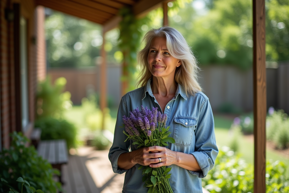 Femme tenant des herbes aromatiques fraîches lavande et menthe