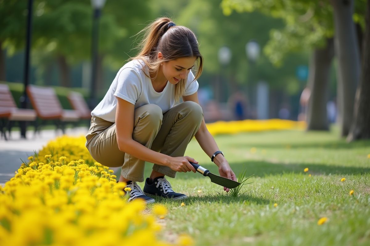 Jeune femme inspectant une herbe à pointes jaunes dans un parc urbain