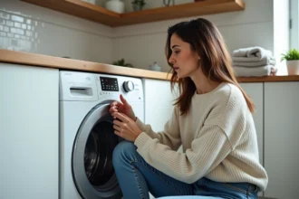 Femme regardant le panneau de contrôle d'un lave-linge moderne