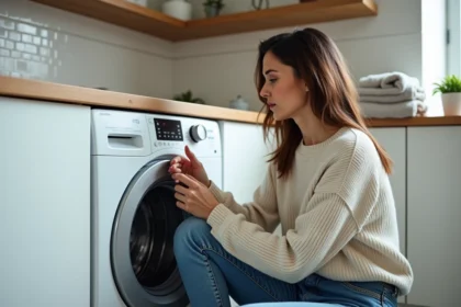 Femme regardant le panneau de contrôle d'un lave-linge moderne