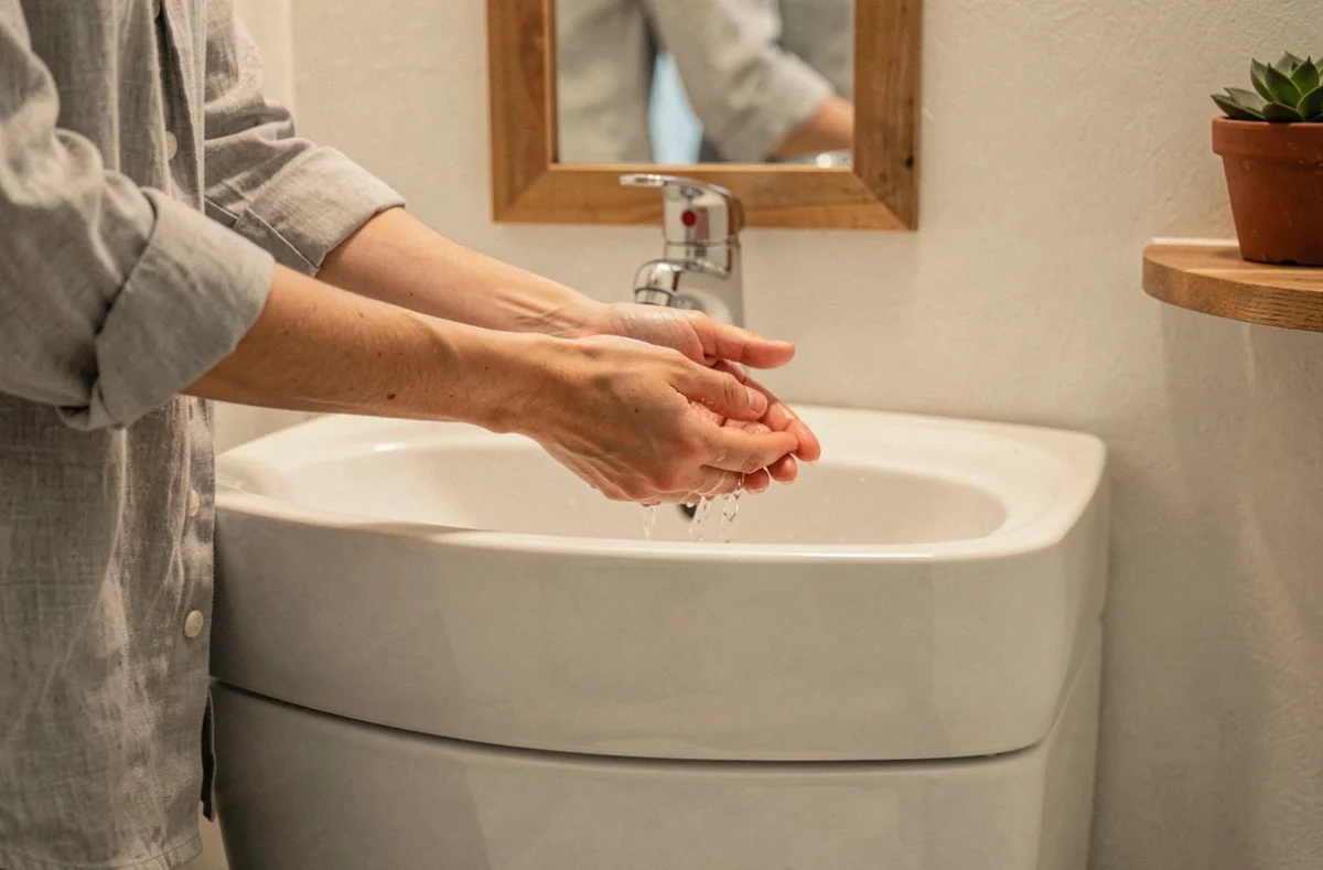 Femme se lavant les mains sur un réservoir WC avec lave-main intégré dans une petite salle de bain d'appartement