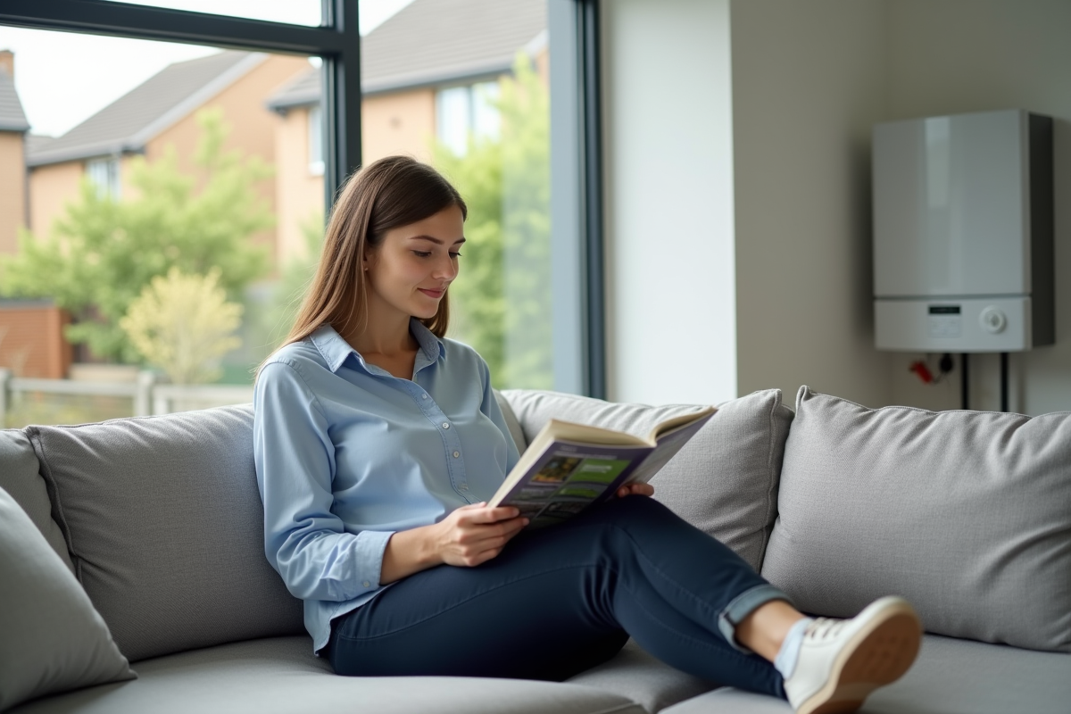 Femme lisant un magazine dans un salon avec chaudière visible en arrière-plan