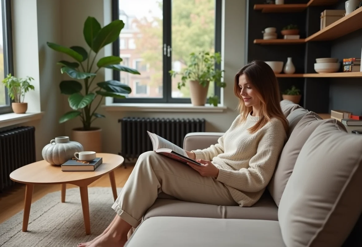 Femme assise dans un salon moderne lecture magazine ambiance chaleureuse