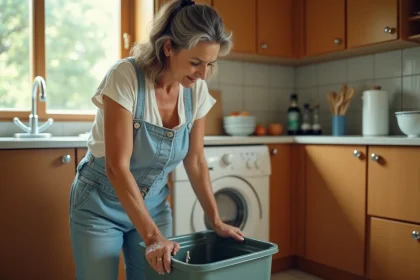 Femme inquiète examine une poubelle de cuisine avec des maggots