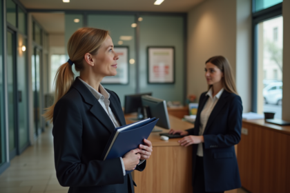 Femme en manteau navy parle à la receptionniste en mairie