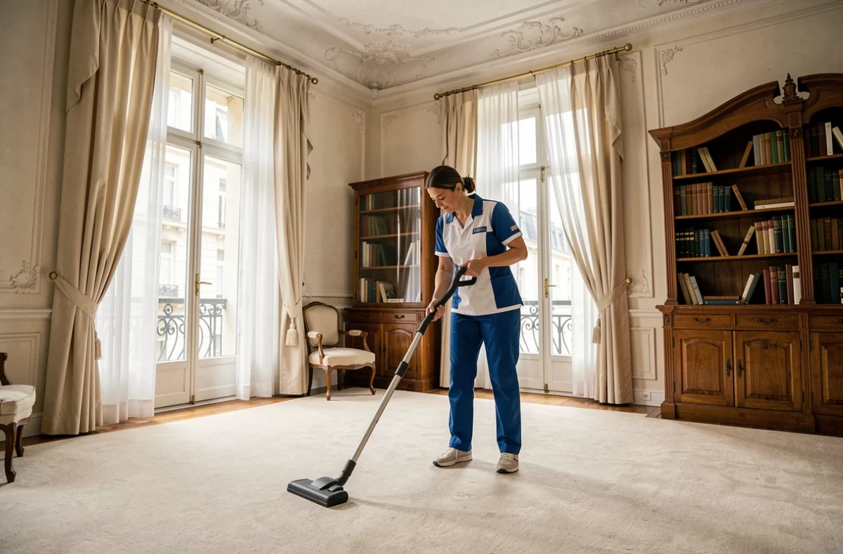 Femme de ménage passant l'aspirateur dans un appartement de style haussmannien à Nancy