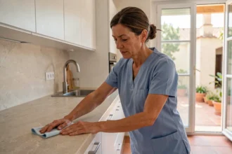 Femme de ménage en uniforme bleu nettoyant le plan de travail d'une cuisine moderne dans un appartement de Montpellier