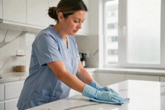 Femme de ménage portant des gants en latex et nettoyant le plan de travail d'une cuisine moderne lors d'une intervention à domicile pendant le confinement