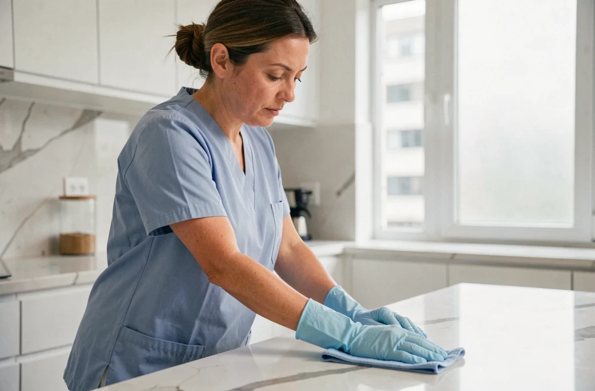 Femme de ménage portant des gants en latex et nettoyant le plan de travail d'une cuisine moderne lors d'une intervention à domicile pendant le confinement