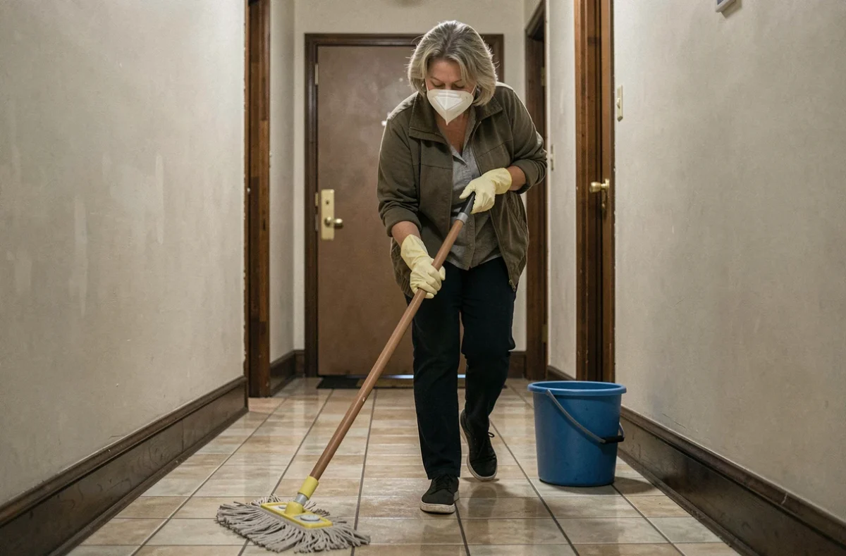 Femme de ménage masquée nettoyant le couloir d'un appartement avec une serpillière pendant le confinement, mesures sanitaires respectées