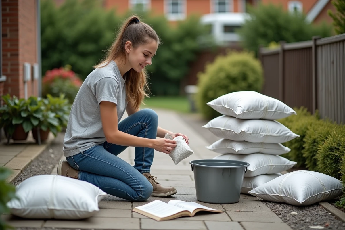Jeune femme comptant des sacs de ciment dans le jardin