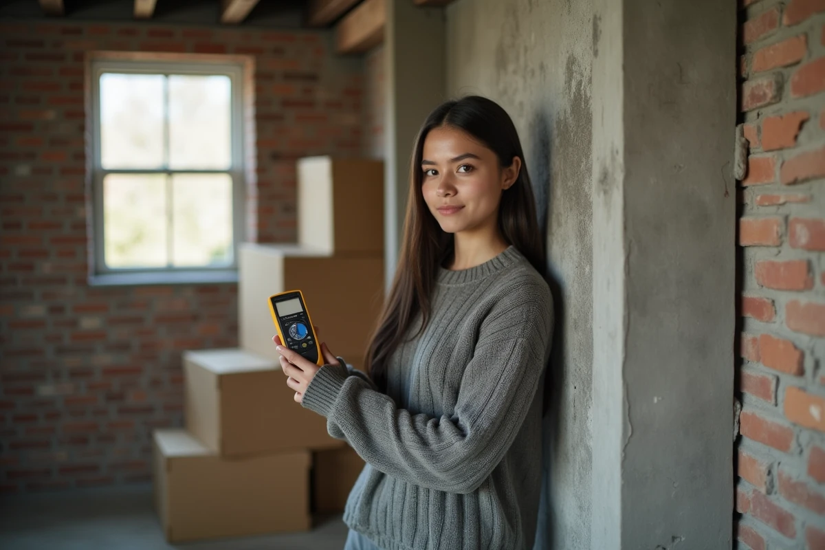Jeune femme utilisant un humidimètre sur un mur de sous-sol