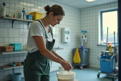 Femme mesurant un liquide de nettoyage industriel dans un local