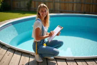 Femme avec mètre et clipboard près d'une piscine moderne