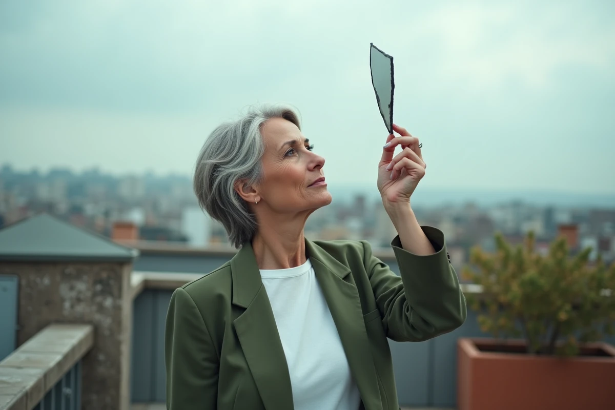 Femme tenant un fragment de miroir brisé vers le ciel sur un toit urbain, représentant la réinterprétation des présages négatifs par la loi de l'attraction