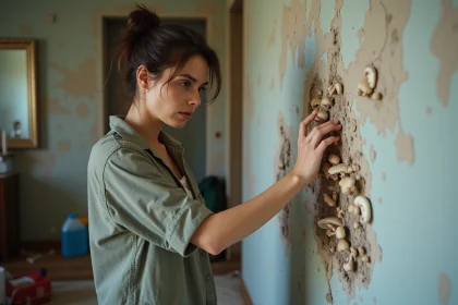 Femme inquiète examine des champignons sur un mur endommagé