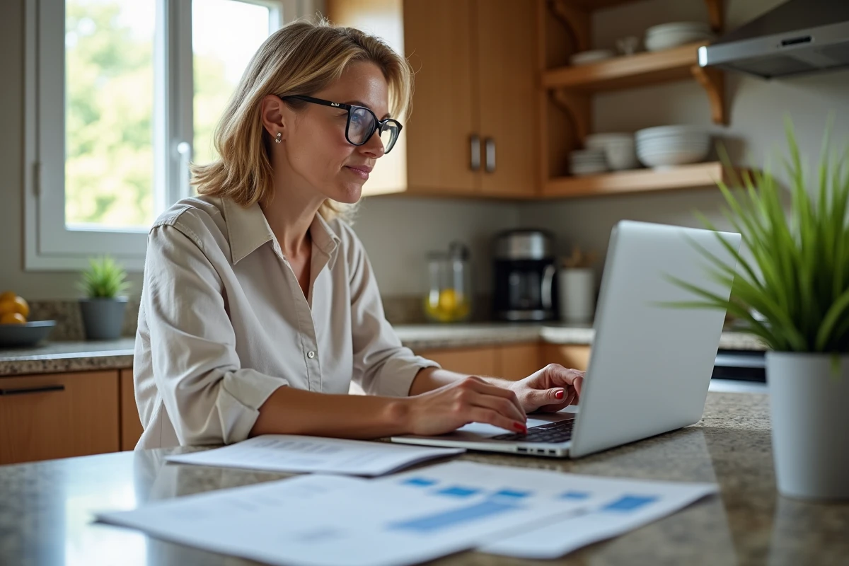 Femme vérifiant documents et calculatrice dans la cuisine
