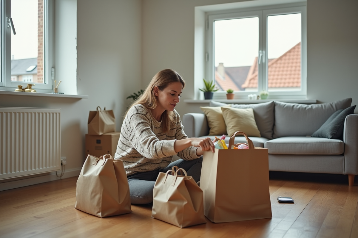 Femme organisée avec sacs de courses dans un salon